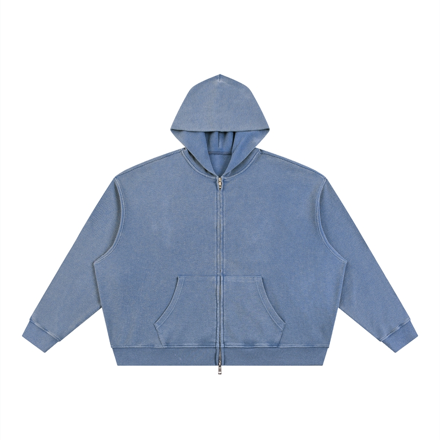 Unisex Vintage Wash Boxy Waffle Full Zip Hoodie