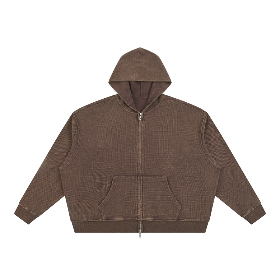 Unisex Vintage Wash Boxy Waffle Full Zip Hoodie