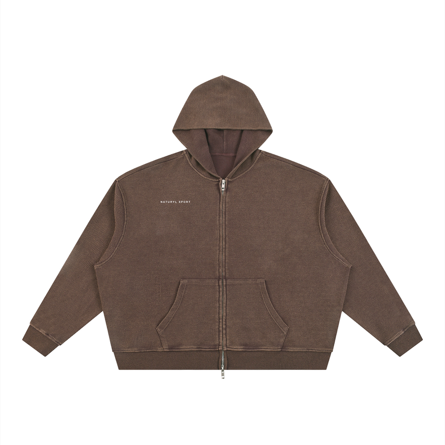 Unisex Vintage Wash Boxy Waffle Full Zip Hoodie