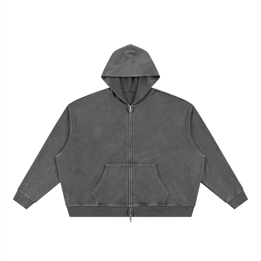 Unisex Vintage Wash Boxy Waffle Full Zip Hoodie